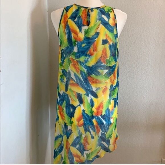 Feather Print Asymmetrical Tank Size L Green Blue Kay Celine Boho Hippie - Picture 5 of 8